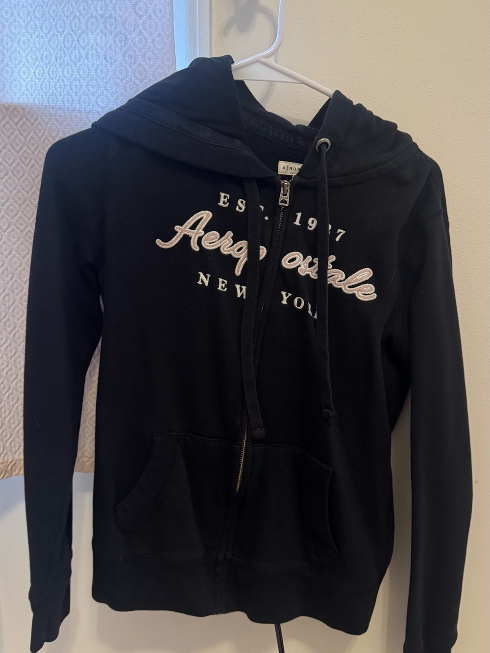 Aeropostale Black Zip Front Hooded Jacket with Embroidered Logo